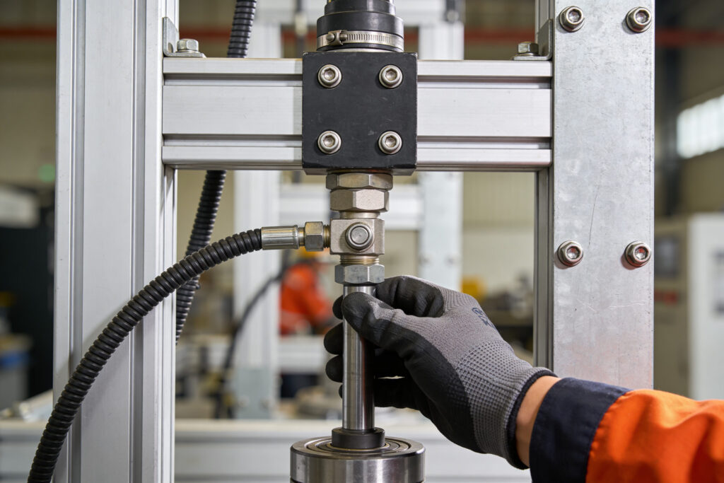 Technicien serrant un raccord hydraulique sur une structure métallique